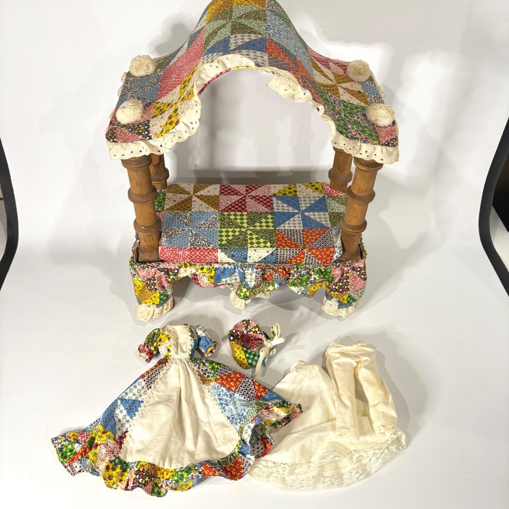 Vintage 1970s Handmade Barbie Canopy Bed Patchwork Quilt Dress Nightgown Set